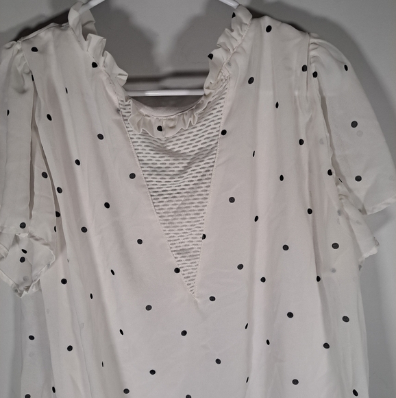 Joe Fresh Active White and Black Polka Dot Bubble Shirt Ruffle Neck Size Medium - Picture 6 of 6
